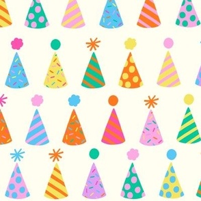 Birthday Party Hats in Pink, Blue, Yellow, Green, Orange, and Purple on Cream