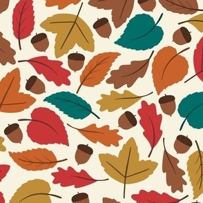 Autumn Leaves  in Red, Orange, Gold, Brown, and Teal on Cream with Acorns