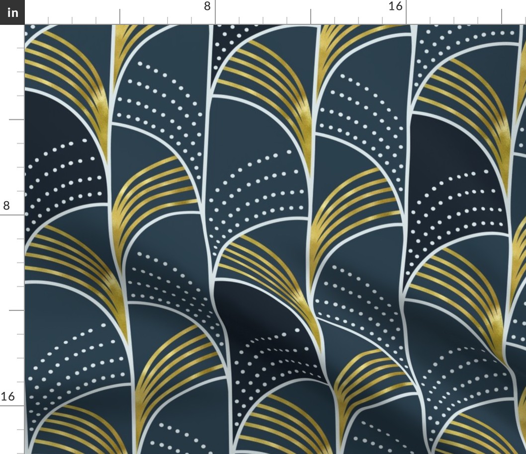 Ebb and Flow - Art Deco Geometric Midnight Blue Gold Large Scale