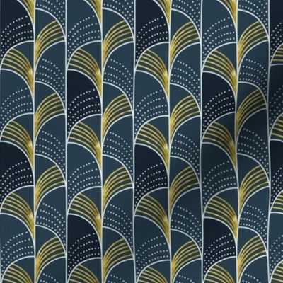 Ebb and Flow - Art Deco Geometric Midnight Blue Gold Small Scale