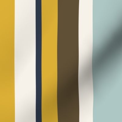 Mustard yellow, cream, pale blue, brown and navy stripes