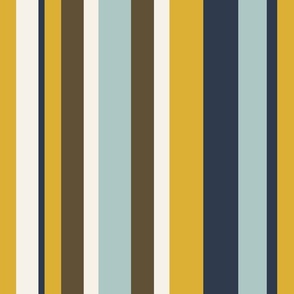 Mustard yellow, cream, pale blue, brown and navy stripes