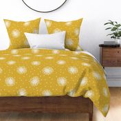 Block print white sunflowers and polka dots on a  mustard yellow background