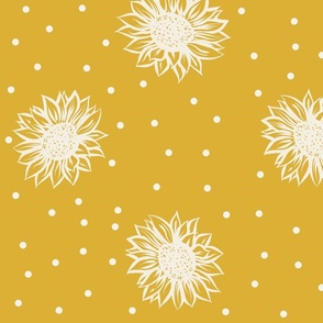 Block print white sunflowers and polka dots on a  mustard yellow background