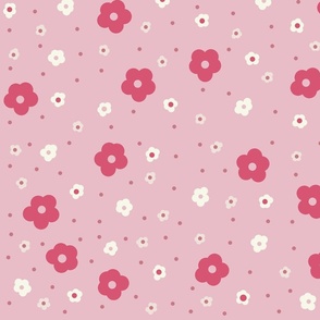 Bubblegum pink, pale pink and white daisy flowers with polka dots on a light pink background