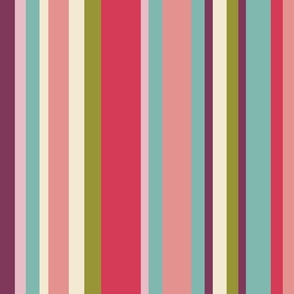 Bubblegum pink, pale pink, purple, pale blue, lime green and cream stripes