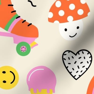 Happy 90s V1: Retro Colorful Abstract Groovy Icons Ice Cream, Rainbows & Rollerskates in Green, Pink, Red and Yellow  - Large