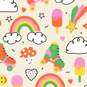 Happy 90s V1: Retro Colorful Abstract Groovy Icons Ice Cream, Rainbows & Rollerskates in Green, Pink, Red and Yellow  - Large