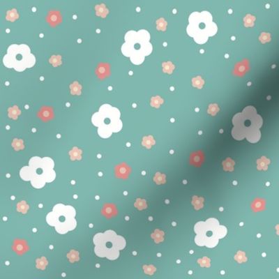 White and pink daisy flowers with polka dots on an egg blue background