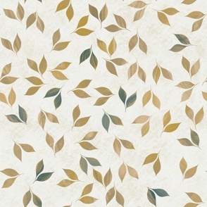 Mustard, teal, cream and green falling leaves repeat pattern on cream textured background