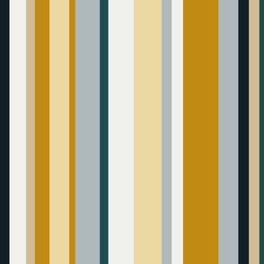 Mustard, grey, blue, cream and teal stripes