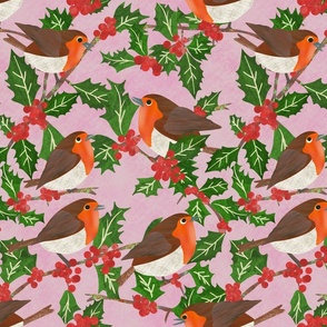 Paper cut Christmas robin red breasts on a holly bush with berries on a pink background