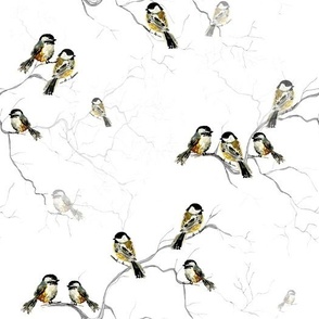 gold chickadee birds on branches / small / black and white