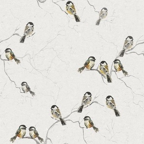 chickadee wallpaper / golden beige black brown cream/ birds