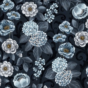 1920s Inspired Opulent Decorative Moody Blues Floral 