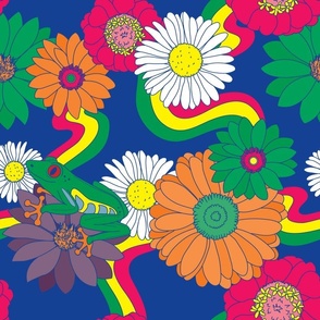 Groovy 60s Retro Frog and Flowers on Blue