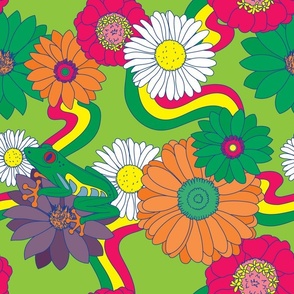 Groovy 60s Retro Frog, Flower and Rainbow Pattern on Green