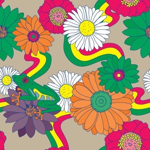 Groovy 60s Retro Tree Frog, Flower and Rainbow Pattern on Neutral