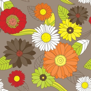 1960s Style Retro Groovy Floral Daisy Pattern on Brown