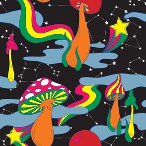 Groovy Retro 1960s Cosmic Space Mushrooms with Constellations