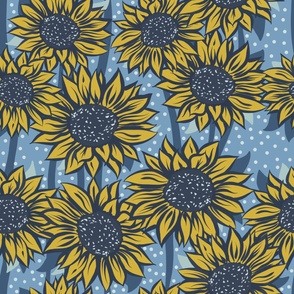 Blue and Yellow Sunflowers on a blue background with polka dots
