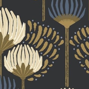 1920 Blossom Floral Wallpaper - Black, Cream, Gold, Blue - Large