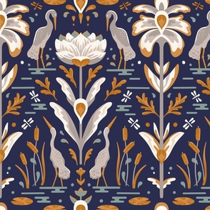 Water lilies and cranes in dark blue