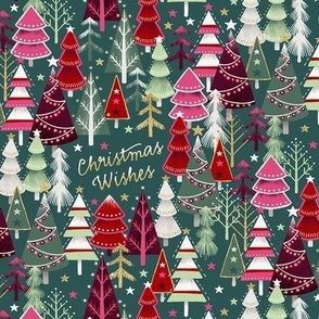 Christmas Forest with Decorated Trees and Text "Christmas Wishes" / Small Scale
