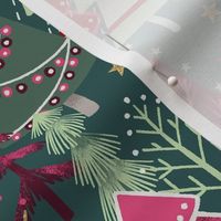 Christmas Forest with Decorated Trees and Text "Christmas Wishes"