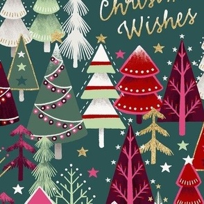 Christmas Forest with Decorated Trees and Text "Christmas Wishes"