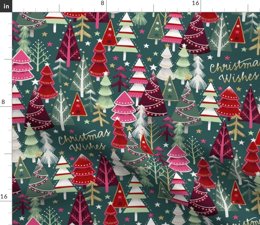 Christmas Forest with Decorated Trees and Text "Christmas Wishes"