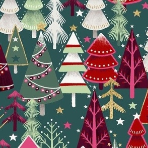 Christmas Forest with Decorated Trees