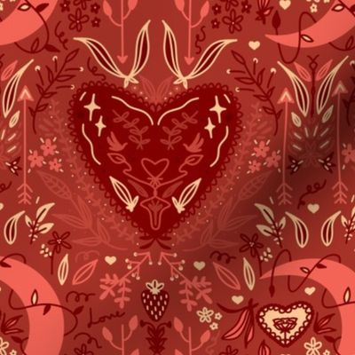 Romantic Heart And Moon Pattern With Stars, Rose, Strawberries And Arrows