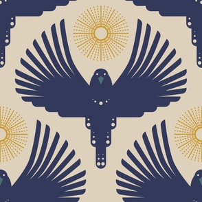 Art Deco Flying Away // large // bird, blue, sun, cream, yellow