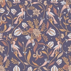 Art Nouveau Swirling florals with birds - Romantic Old Pink nature 