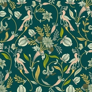 Vibrant green art nouveau florals with birds