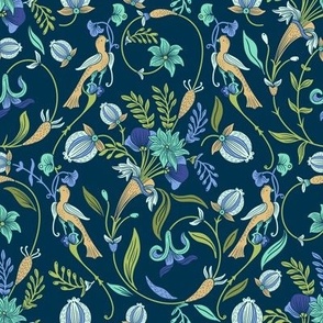 Vibrant blue liberty style circular florals and birds 