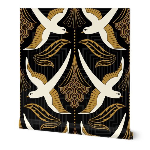  Art Deco Birds in cream on a black background with gold leaves LARGE