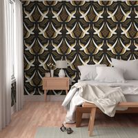  Art Deco Birds in cream on a black background with gold leaves LARGE