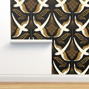  Art Deco Birds in cream on a black background with gold leaves LARGE