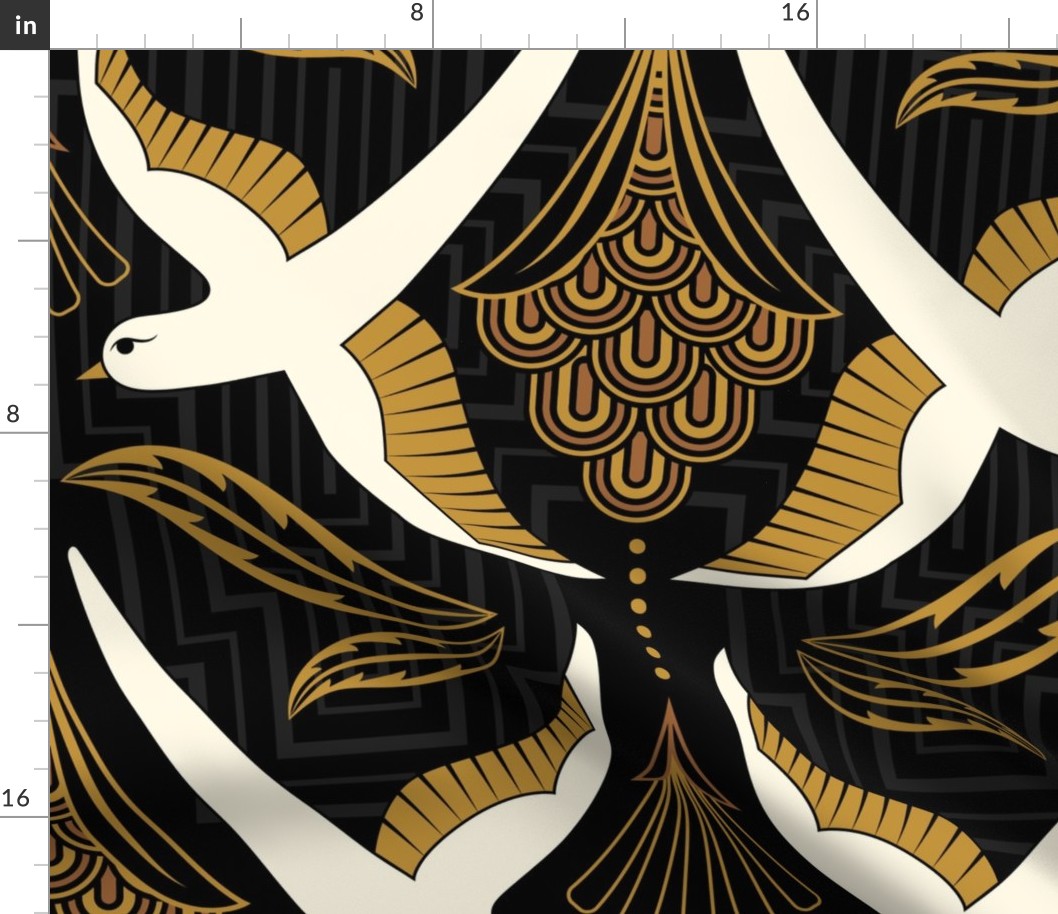  Art Deco Birds in cream on a black background with gold leaves LARGE