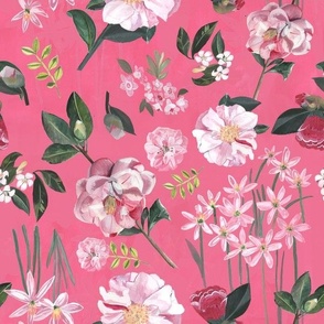 Camellias and White Flowers on Pink-Mid scale