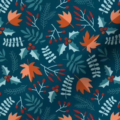 Ditsy winter leaves navy blue