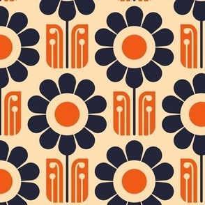 2308 Medium - Retro flowers, terracotta / navy