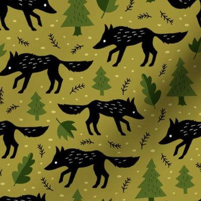 Wolf in the fall forest green