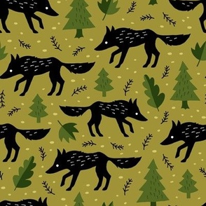 Wolf in the fall forest green