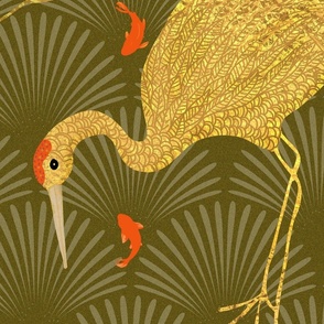 Large Art Deco  Golden Japanese Cranes feast BROWN