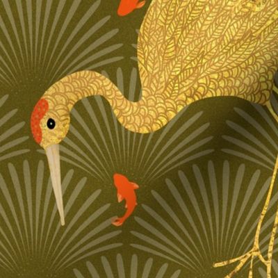 Art Deco  Golden Japanese Cranes  feast BROWN