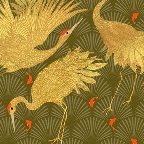 Art Deco  Golden Japanese Cranes  feast BROWN