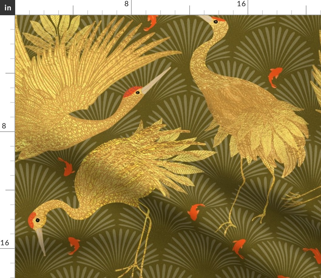 Art Deco  Golden Japanese Cranes  feast BROWN